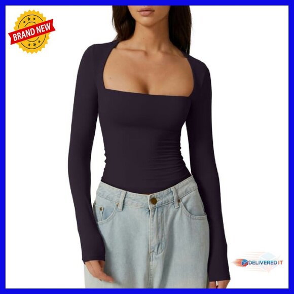 Tops - Women's Long Sleeve Square Neck Fitted Tee Buttery Soft Double Lined